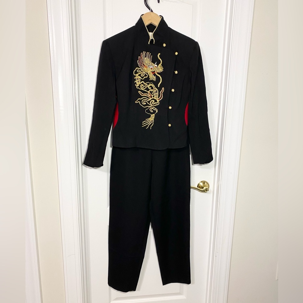 Y2K Cache DRAGON Embroidered Wool Pantsuit USA MADE Vintage Black Red Gold 6